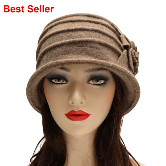 Wool Blend Vintage Winter Cloche Bucket Hat with Stitched Flower Accent main image 5